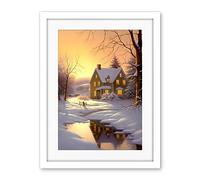 Artery8 Sunrise Winter Cottage Landscape Oil Painting Snowy Countryside Snow Lake Trees Artwork Framed Wall Art Print 18X24 Inch