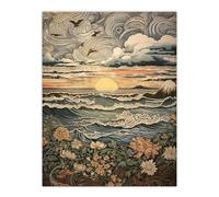 Artery8 Sunset At Turbulent Sea Pastel Colour Painting Autumn Wildflowers On Coastal Shore Landscape Large Wall Art Poster Print Thick Paper 18X24 Inch