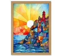 Artery8 Sunset Coastal Cliffs Lighthouse Folk Art Artwork Framed A3 Wall Art Print