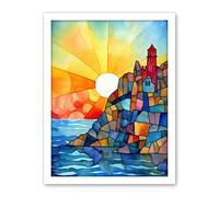 Artery8 Sunset Coastal Cliffs Lighthouse Folk Art Artwork Framed Wall Art Print 18X24 Inch