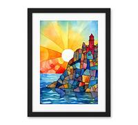 Artery8 Sunset Coastal Cliffs Lighthouse Folk Art Artwork Framed Wall Art Print 18X24 Inch