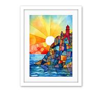 Artery8 Sunset Coastal Cliffs Lighthouse Folk Art Artwork Framed Wall Art Print 18X24 Inch