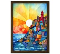 Artery8 Sunset Coastal Cliffs Lighthouse Folk Art Artwork Framed Wall Art Print A4
