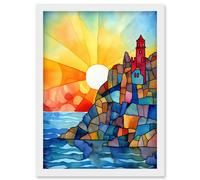 Artery8 Sunset Coastal Cliffs Lighthouse Folk Art Artwork Framed Wall Art Print A4 in White Artery8 White