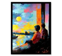 Artery8 Sunset Coastal View Couple Love Romantic Painting Framed Art Print in Blue | Size: W12" x H16" Artery8 Blue W12" x H16"