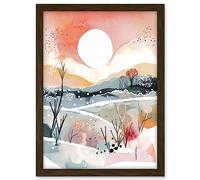 Artery8 Sunset in Winter Landscape Boho Modern Folk Art Artwork Framed A3 Wall Art Print