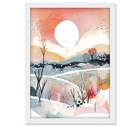 Artery8 Sunset in Winter Landscape Boho Modern Folk Art Artwork Framed A3 Wall Art Print