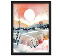 Artery8 Sunset in Winter Landscape Boho Modern Folk Art Artwork Framed A3 Wall Art Print