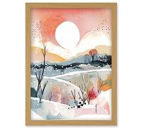 Sunset in Winter Landscape Boho Modern Folk Art Artwork Framed Wall Art Print A4 Artery8 Light Oak One Size