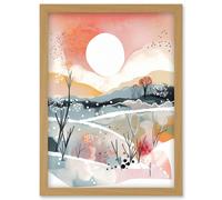 Sunset in Winter Landscape Boho Modern Folk Art Artwork Framed Wall Art Print A4 Artery8 Light Oak One Size