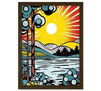 Artery8 Sunset Lakeside Landscape Comic Book Style Bubble Patterns Halftone Artwork Framed Wall Art Print A4