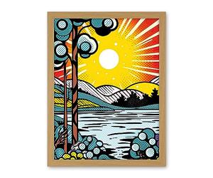 Artery8 Sunset Lakeside Landscape Comic Book Style Bubble Patterns Halftone Artwork Framed Wall Art Print 18X24 Inch