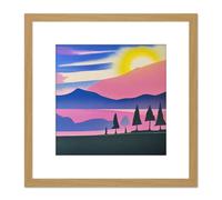 Artery8 Sunset Mountain Forest Winter Lake Magenta Watercolour Square Wooden Framed Wall Art Print Picture 8X8 Inch in Light Oak Artery8 Light Oak