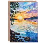 Artery8 Sunset on Calm Lake Oil Painting Tranquil Peace Greeting Birthday Card Him Her All Blank
