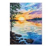 Artery8 Sunset on Calm Lake Oil Painting Tranquil Peace Wall Art Print | Size: W18" x H24" Artery8 Multicolor W18" x H24"