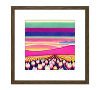 Artery8 Sunset Over Tulip Flower Fields Multicoloured Sky Stripes Watercolour Illustration Square Wooden Framed Wall Art Print Picture 8X8 Inch Artery8 Brown
