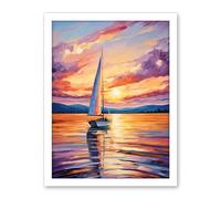 Artery8 Sunset Sailing Vibrant Oil Painting Orange Purple Blue Bathroom Artwork Sail Boat Seascape Artwork Framed Wall Art Print 18X24 Inch