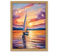 Artery8 Sunset Sailing Vibrant Oil Painting Orange Purple Blue Bathroom Artwork Sail Boat Seascape Artwork Framed A3 Wall Art Print