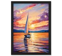 Artery8 Sunset Sailing Vibrant Oil Painting Orange Purple Blue Bathroom Artwork Sail Boat Seascape Artwork Framed A3 Wall Art Print