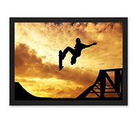 Artery8 Sunset Skateboard Silhouette Half Pipe A4 Artwork Framed Wall Art Print