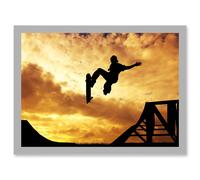 Artery8 Sunset Skateboard Silhouette Half Pipe A4 Artwork Framed Wall Art Print in Light Grey Artery8 Light Grey