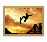 Artery8 Sunset Skateboard Silhouette Half Pipe A4 Artwork Framed Wall Art Print in Light Oak Artery8 Light Oak