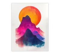 Artery8 Sunset Sun Behind Colourful Mountains Painting For Living Room Extra Large XL Wall Art Poster Print