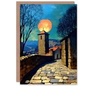 Artery8 Sunset Sun Over Medieval Sicily Village Travel Farewell Greeting Card in Blue Artery8 Blue