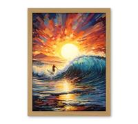 Artery8 Sunset Surf Waves Surfing Artwork Vibrant Blue Purple Orange Setting Sun Behind Surfer in Wavy Seascape Artwork Framed Wall Art Print 18X24 Inch