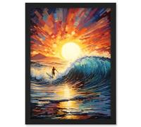 Artery8 Sunset Surf Waves Surfing Artwork Vibrant Blue Purple Orange Setting Sun Behind Surfer in Wavy Seascape Artwork Framed A3 Wall Art Print