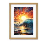 Artery8 Sunset Surf Waves Surfing Artwork Vibrant Blue Purple Orange Setting Sun Behind Surfer in Wavy Seascape Artwork Framed Wall Art Print 18X24 Inch