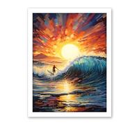 Artery8 Sunset Surf Waves Surfing Artwork Vibrant Blue Purple Orange Setting Sun Behind Surfer in Wavy Seascape Artwork Framed Wall Art Print 18X24 Inch
