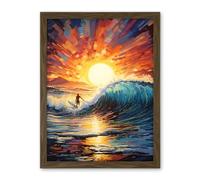 Artery8 Sunset Surf Waves Surfing Artwork Vibrant Blue Purple Orange Setting Sun Behind Surfer in Wavy Seascape Artwork Framed Wall Art Print 18X24 Inch