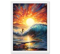 Artery8 Sunset Surf Waves Surfing Artwork Vibrant Blue Purple Orange Setting Sun Behind Surfer in Wavy Seascape Artwork Framed Wall Art Print A4