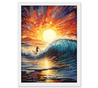 Artery8 Sunset Surf Waves Surfing Artwork Vibrant Blue Purple Orange Setting Sun Behind Surfer in Wavy Seascape Artwork Framed A3 Wall Art Print