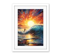 Artery8 Sunset Surf Waves Surfing Artwork Vibrant Blue Purple Orange Setting Sun Behind Surfer in Wavy Seascape Artwork Framed Wall Art Print 18X24 Inch