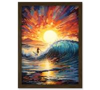 Artery8 Sunset Surf Waves Surfing Artwork Vibrant Blue Purple Orange Setting Sun Behind Surfer in Wavy Seascape Artwork Framed Wall Art Print A4