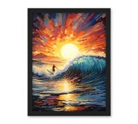 Artery8 Sunset Surf Waves Surfing Artwork Vibrant Blue Purple Orange Setting Sun Behind Surfer in Wavy Seascape Artwork Framed Wall Art Print 18X24 Inch