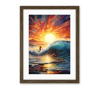 Artery8 Sunset Surf Waves Surfing Artwork Vibrant Blue Purple Orange Setting Sun Behind Surfer in Wavy Seascape Artwork Framed Wall Art Print 18X24 Inch