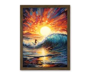 Artery8 Sunset Surf Waves Surfing Artwork Vibrant Blue Purple Orange Setting Sun Behind Surfer in Wavy Seascape Artwork Framed Wall Art Print 18X24 Inch