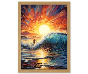 Artery8 Sunset Surf Waves Surfing Artwork Vibrant Blue Purple Orange Setting Sun Behind Surfer in Wavy Seascape Artwork Framed A3 Wall Art Print