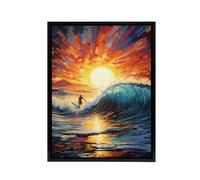 Artery8 Sunset Surfing Surfer Riding Waves Framed Canvas Wall Art Print in Orange | Size: W18" x H24" Artery8 Orange W18" x H24"