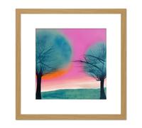 Artery8 Sunset Tree Silhouette Landscape Modern Abstract Pastel Pink Teal Orange Watercolour Painting Square Wooden Framed Wall Art Print Picture 8X8 Artery8 Light Oak