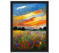 Artery8 Sunset Wildflower Peaceful Summer Meadow Oil Painting Artwork Framed Wall Art Print A4 in Black Artery8 Black