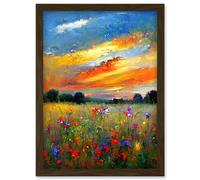 Artery8 Sunset Wildflower Peaceful Summer Meadow Oil Painting Artwork Framed Wall Art Print A4 in Brown Artery8 Brown