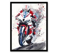 Artery8 Superbike Motorcycle Rider Race Sport Watercolour Framed Wall Art in Red | Size: W12" x H16" Artery8 Red W12" x H16"