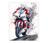Artery8 Superbike Motorcycle Rider Race Sport Watercolour Wall Art Print in Red | Size: W12" x H16" Artery8 Red W12" x H16"
