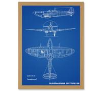 Artery8 Supermarine Spitfire 5B Fighter Plane Blueprint Plan A4 Artwork Framed Wall Art Print in Light Oak Artery8 Light Oak
