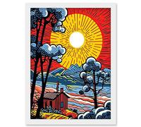 Artery8 Supernova Sunrise Over Countryside Cabin Comic Book Style Mountain Landscape Pop Art Halftone Artwork Framed Wall Art Print A4