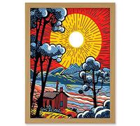 Artery8 Supernova Sunrise Over Countryside Cabin Comic Book Style Mountain Landscape Pop Art Halftone Artwork Framed Wall Art Print A4